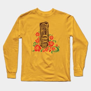 Tiki Totem with Hibiscus Flowers Long Sleeve T-Shirt